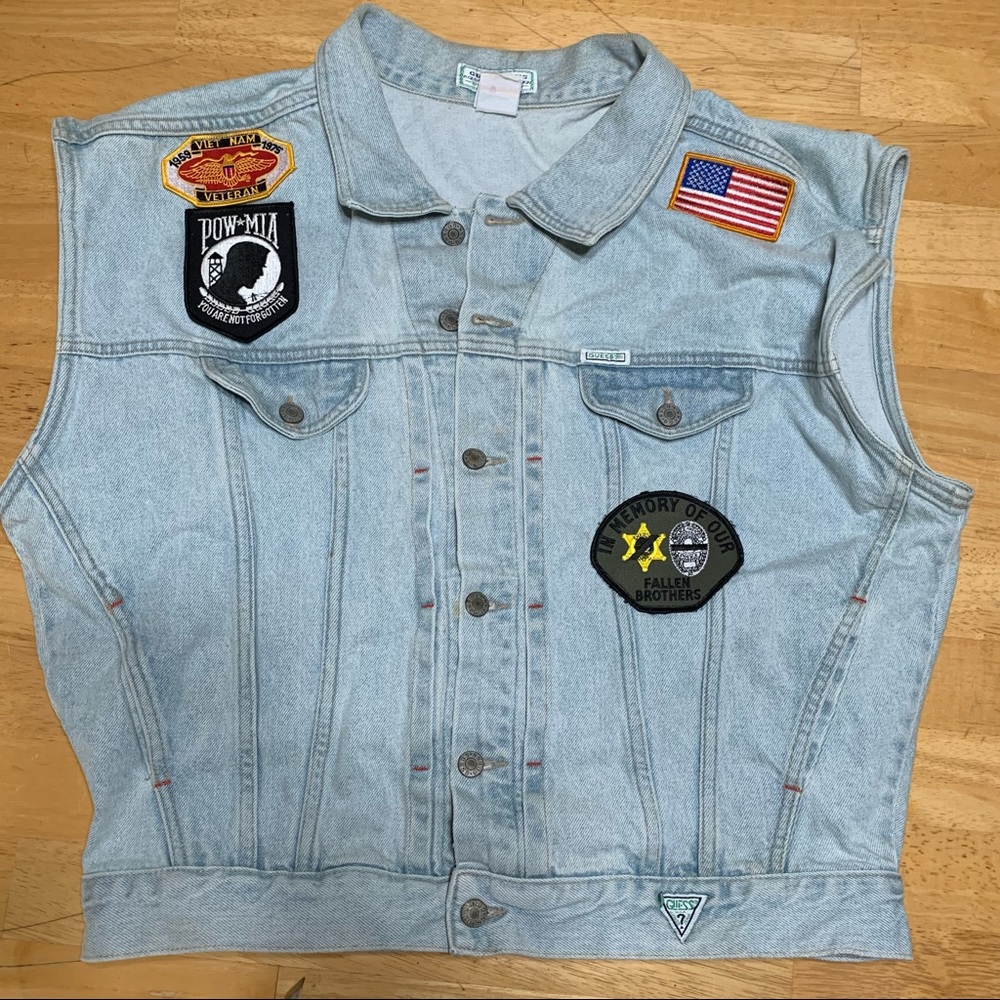 VTG Guess Jeans M Authentic Vietnam Veteran Patch LightWash 90s Biker Denim Vest